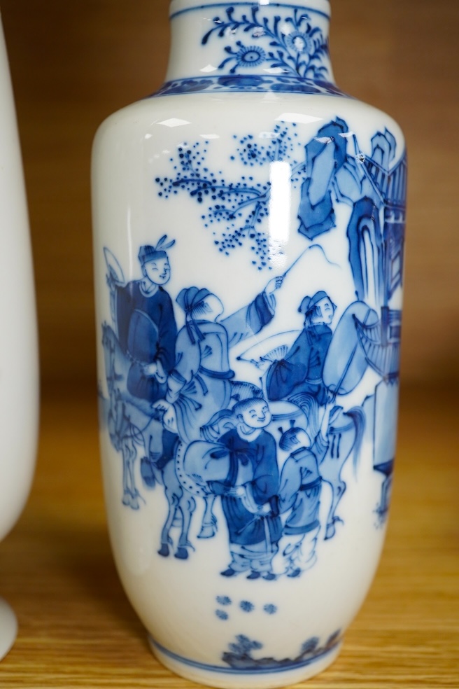 A Chinese blue and white vase and an enamelled figurative porcelain example, tallest enamel vase 29cm high. Condition - good